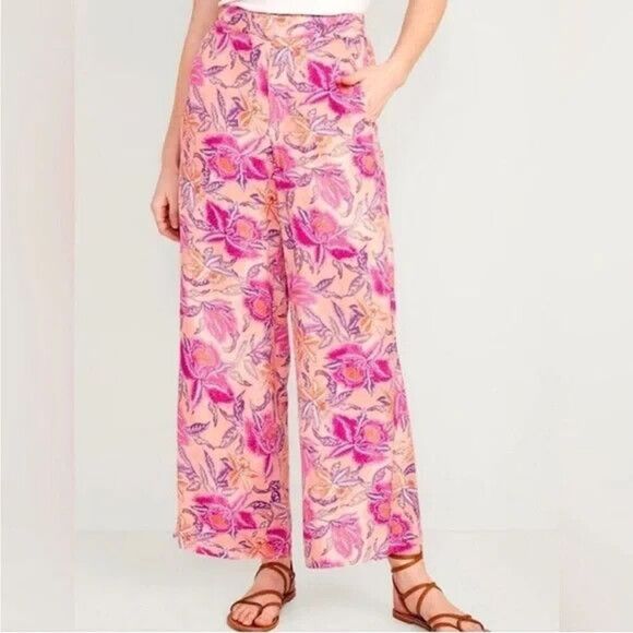 Women's OLD NAVY Floral Print High Waisted Wide Leg Playa Pants Medium Tall - Picture 2 of 10